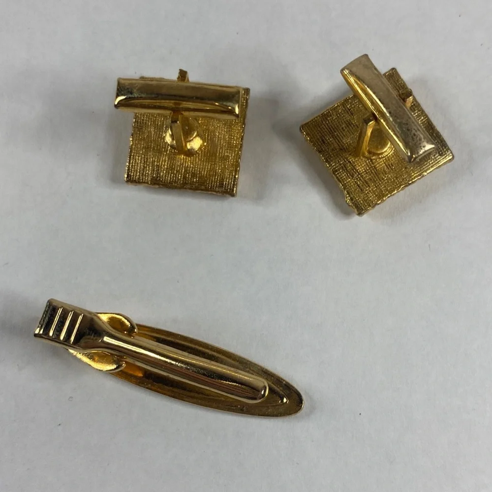 Vintage Set MCM gold tone mother of pearl inlay short tie bar clip And Cufflinks